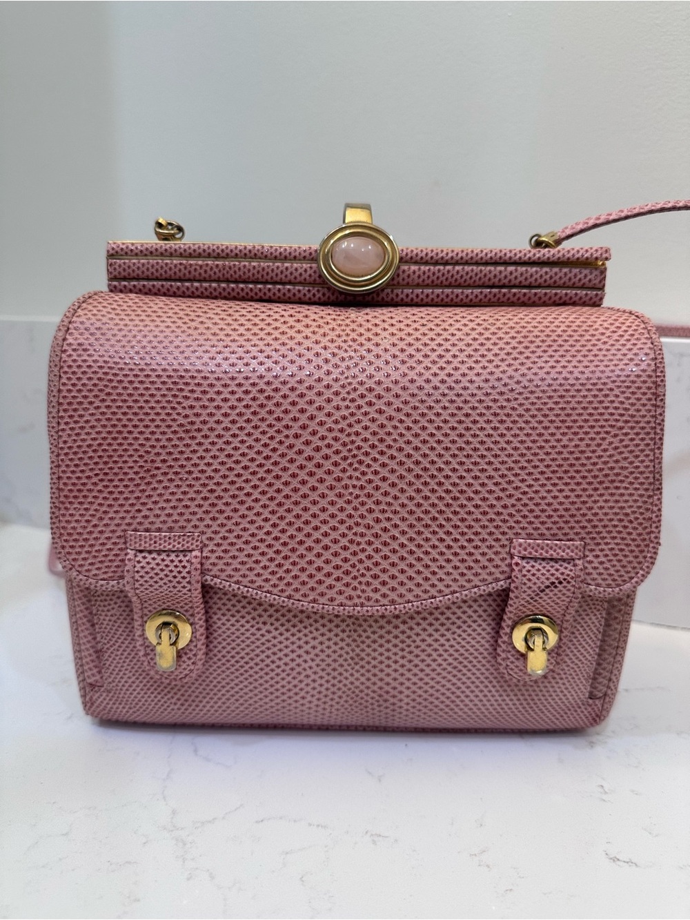 Vintage Pink Judith Lieber Leather Frame Bag with Rose Quartz Clip